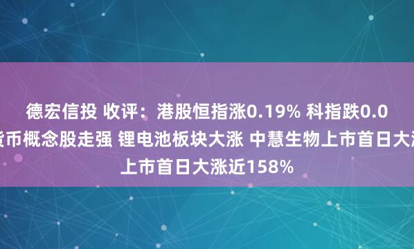 德宏信投 收评：港股恒指涨0.19% 科指跌0.01% 加密货币概念股走强 锂电池板块大涨 中慧生物上市首日大涨近158%